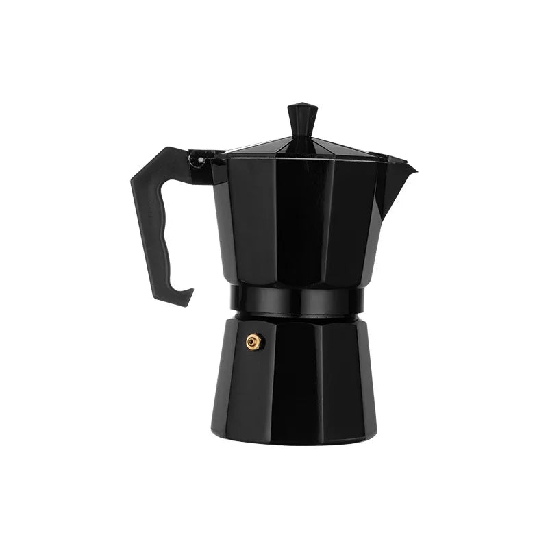 Black stovetop espresso maker on a white background