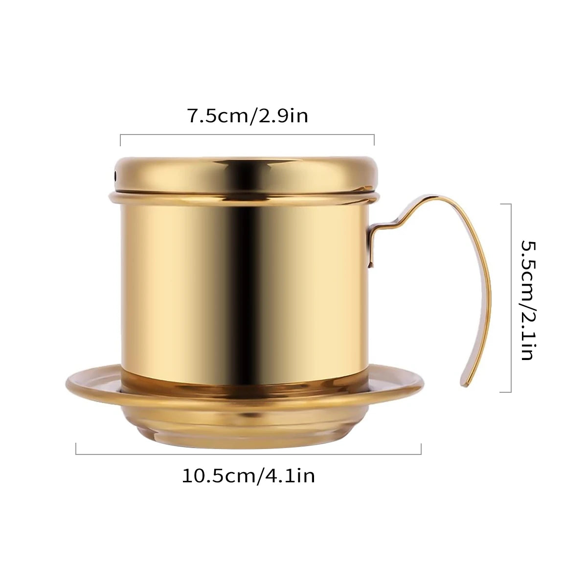 Gold metallic Vietnamese coffee maker with lid and handled showing measurements, on white background.