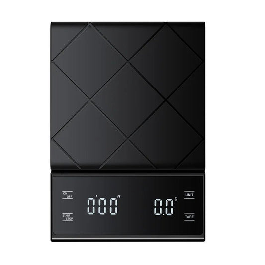 Black digital kitchen scale with geometric pattern on a white background