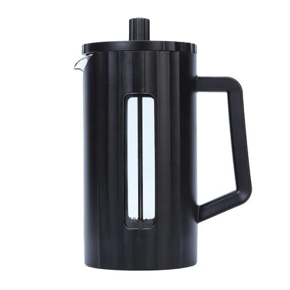 Black French press coffee maker on a white background