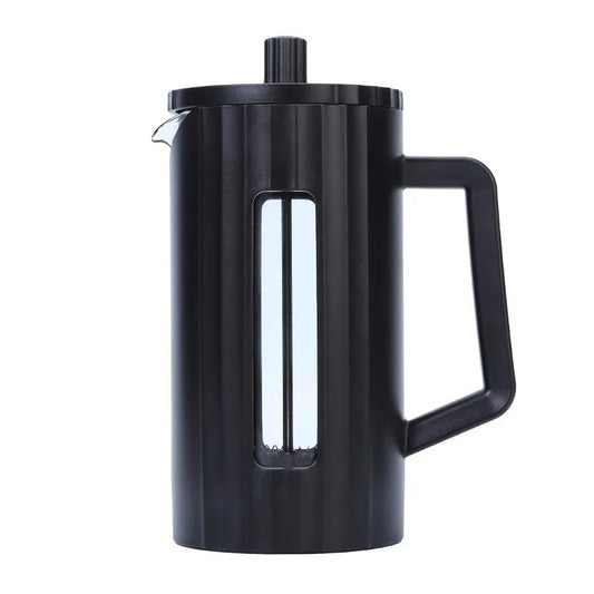 Black French press coffee maker on a white background