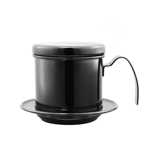 Black metallic Vietnamese coffee maker on white background