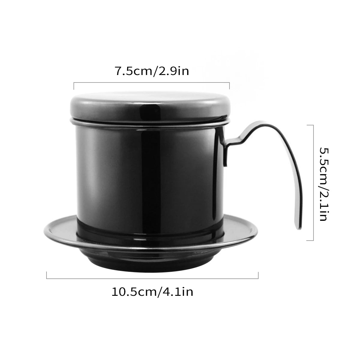 Black metallic Vietnamese coffee maker with lid and handle on a white background, showing dimensions.