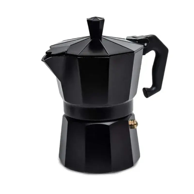 Black stovetop espresso maker on a white background