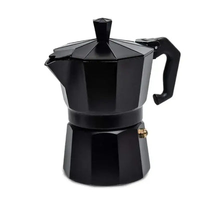 Black stovetop espresso maker on a white background