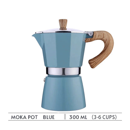 Blue moka pot with wooden handle on a white background