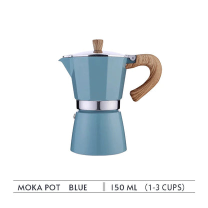 Blue moka pot with wooden handle on a white background
