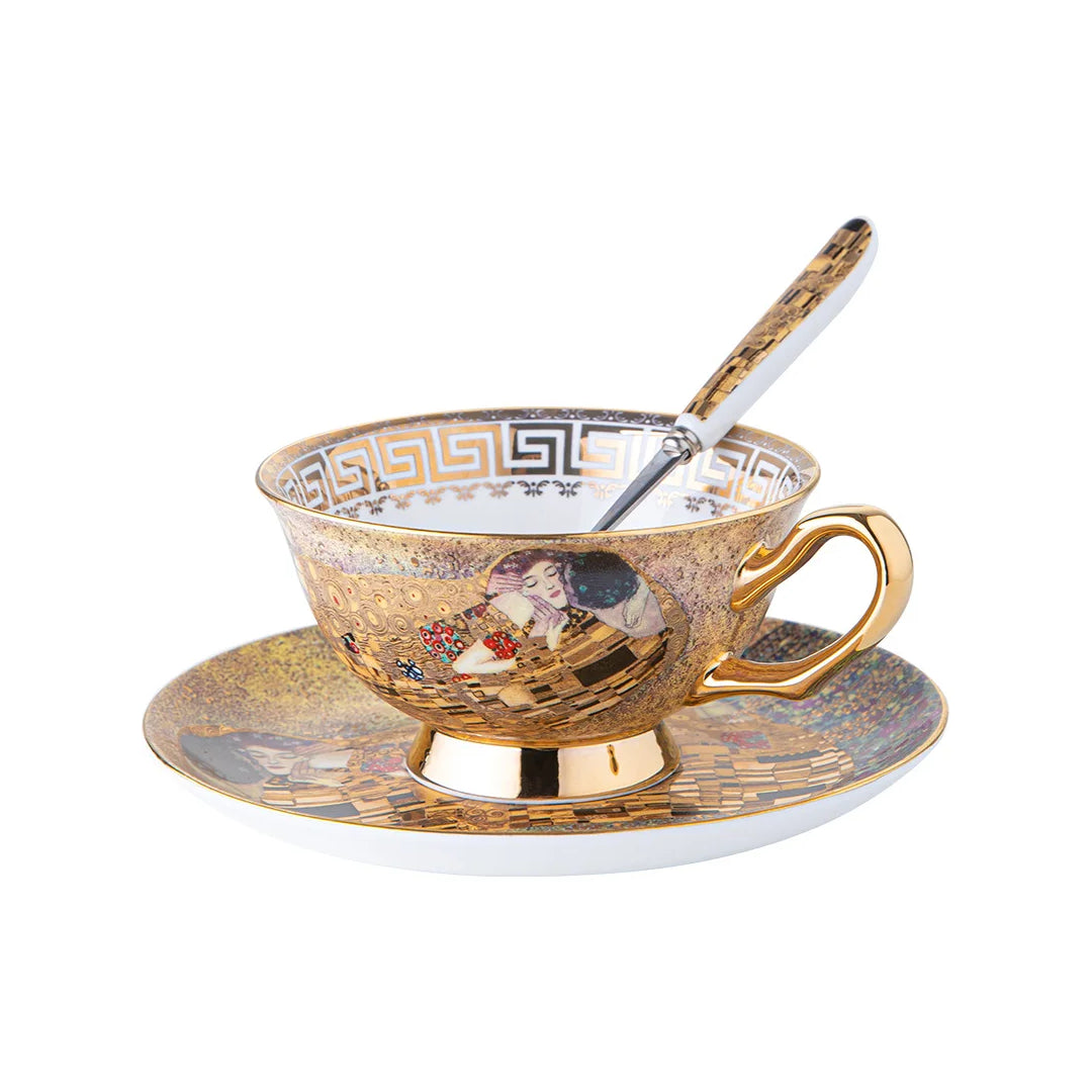 Coffee cup and saucer with a spoon on a white background