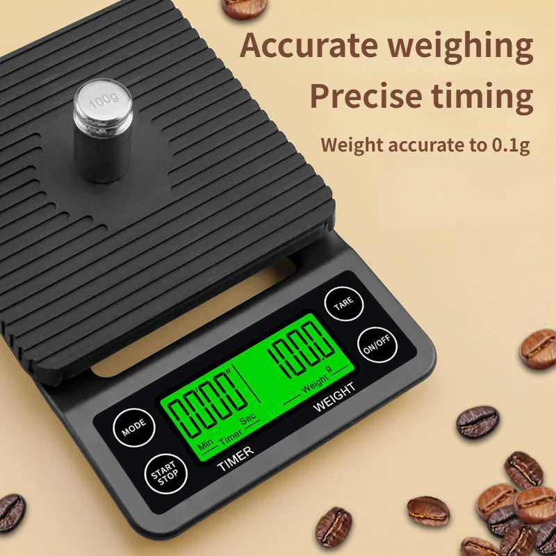 Digital kitchen scale with a timer on a beige background with coffee beans.