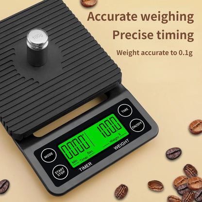 Digital kitchen scale with a timer on a beige background with coffee beans.