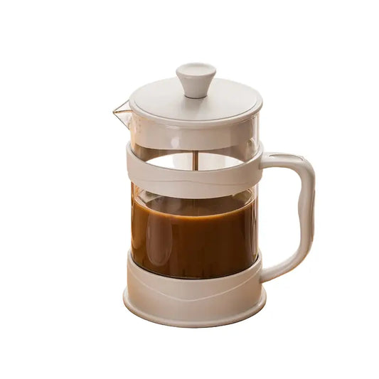French press with coffee on a white background