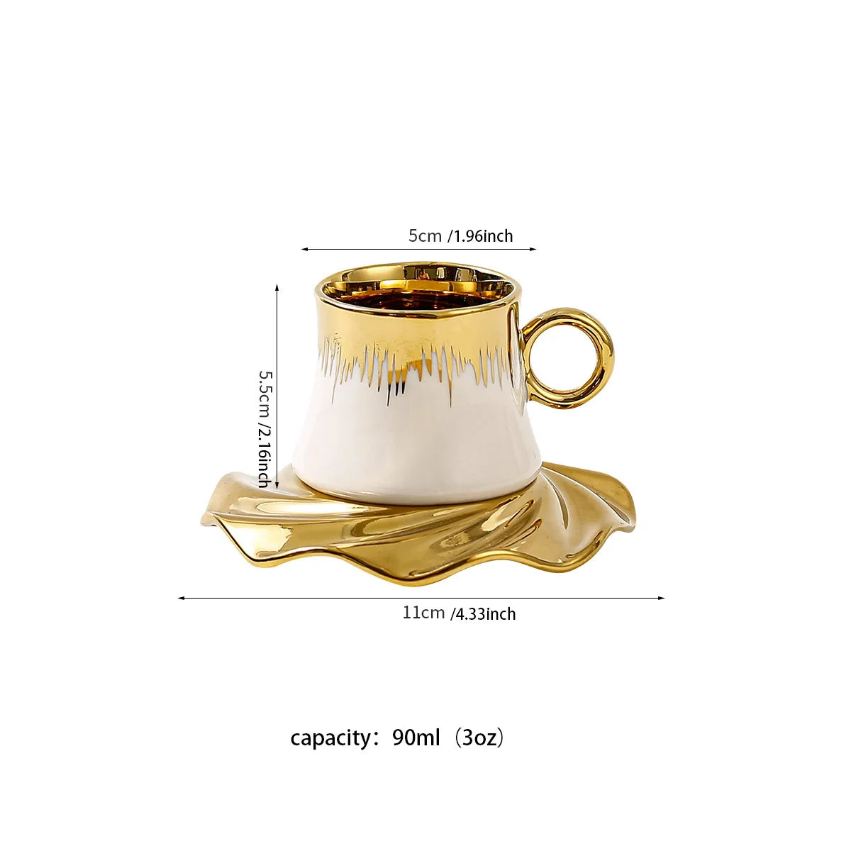 Gold and white ceramic cup with saucer, showing measurements and capacity on a white background