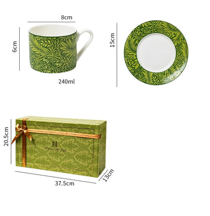 Green ceramic mug, plate, and gift box with measurements on a white background
