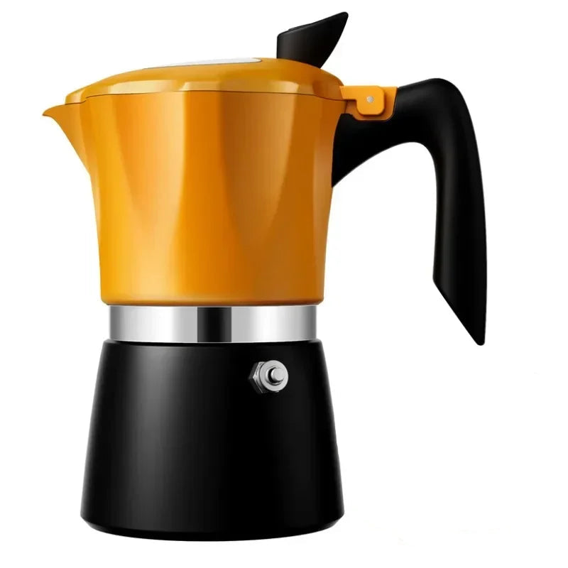 Orange and black coffee maker with a cup of coffee and beans on a white background