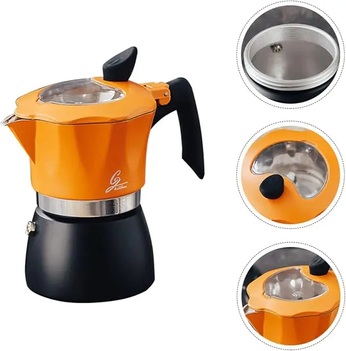 Orange and black coffee maker with close-up insets on a white background