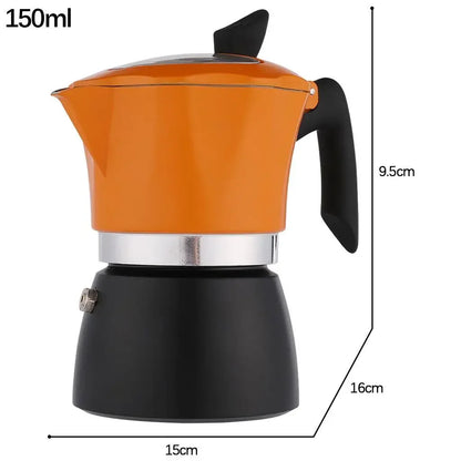 Orange and black coffee maker with dimensions on a white background