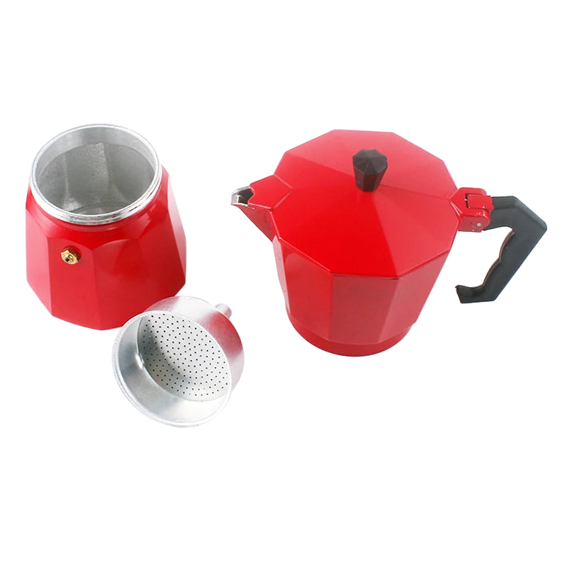 Red espresso pot with a black handle on a white background