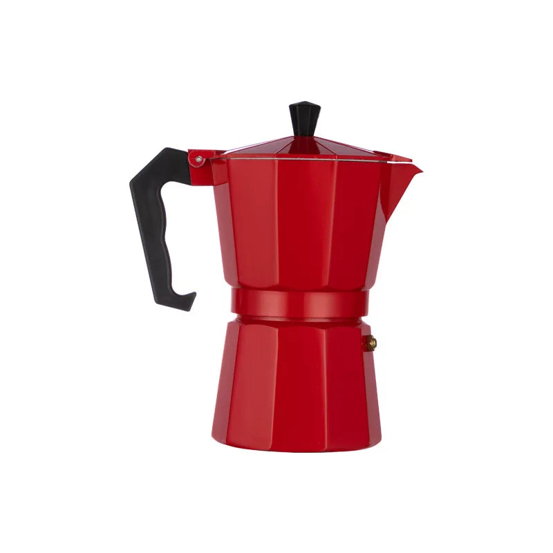 Red stovetop coffee maker with black handle on a white background
