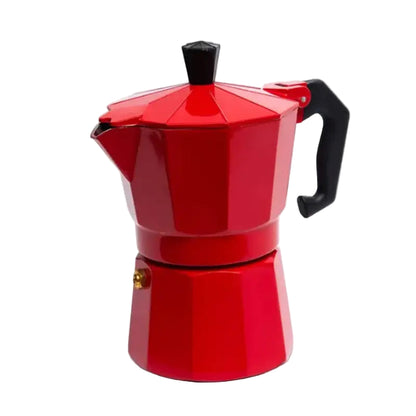 Red stovetop espresso maker with black handle on a white background