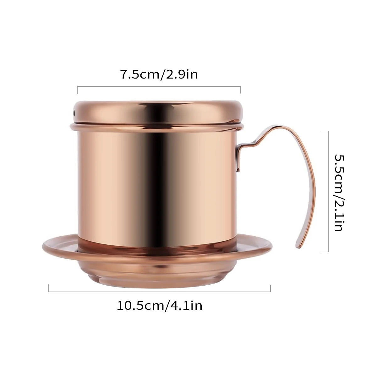 Rose gold metal Vietnamese coffee maker with dimensions labeled on a white background