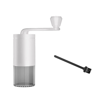 White coffee grinder with cleaning brush on a white background