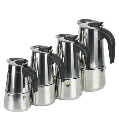 Set of five stainless steel coffee pots with black handles on a white background