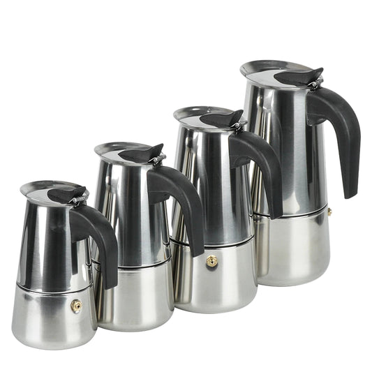 Set of five stainless steel coffee pots with black handles on a white background