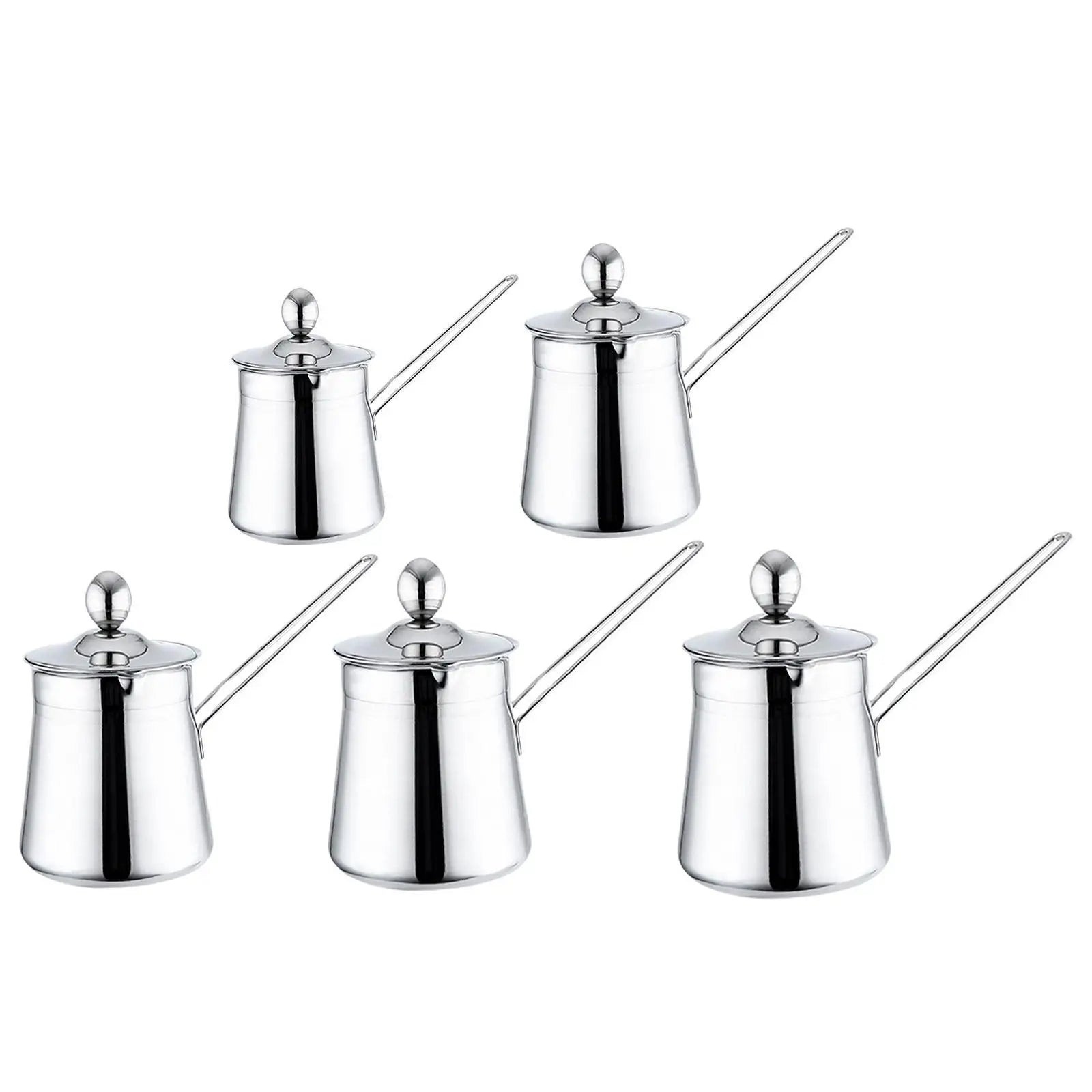 Six silver Turkish coffee makers on a white background