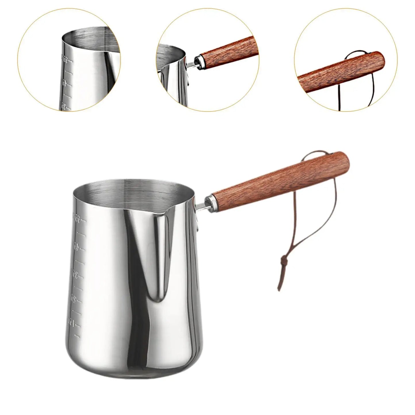 Stainless Turkish coffee maker with wooden handle on a white background