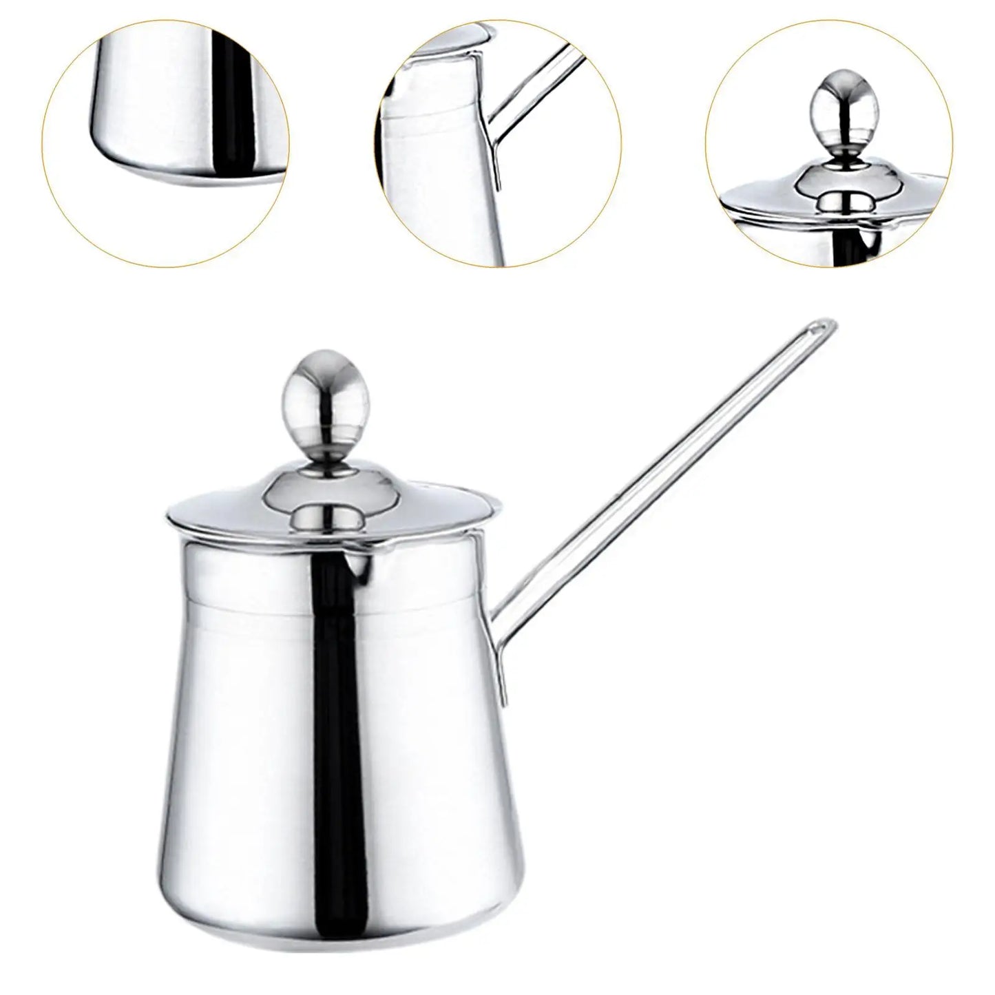Stainless steel Turkish coffee maker with close-up details on a white background