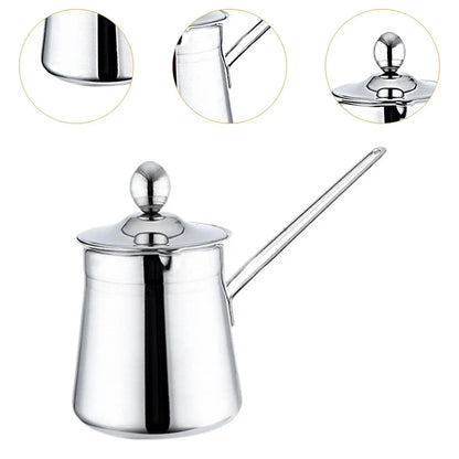 Stainless steel Turkish coffee maker with close-up details on a white background