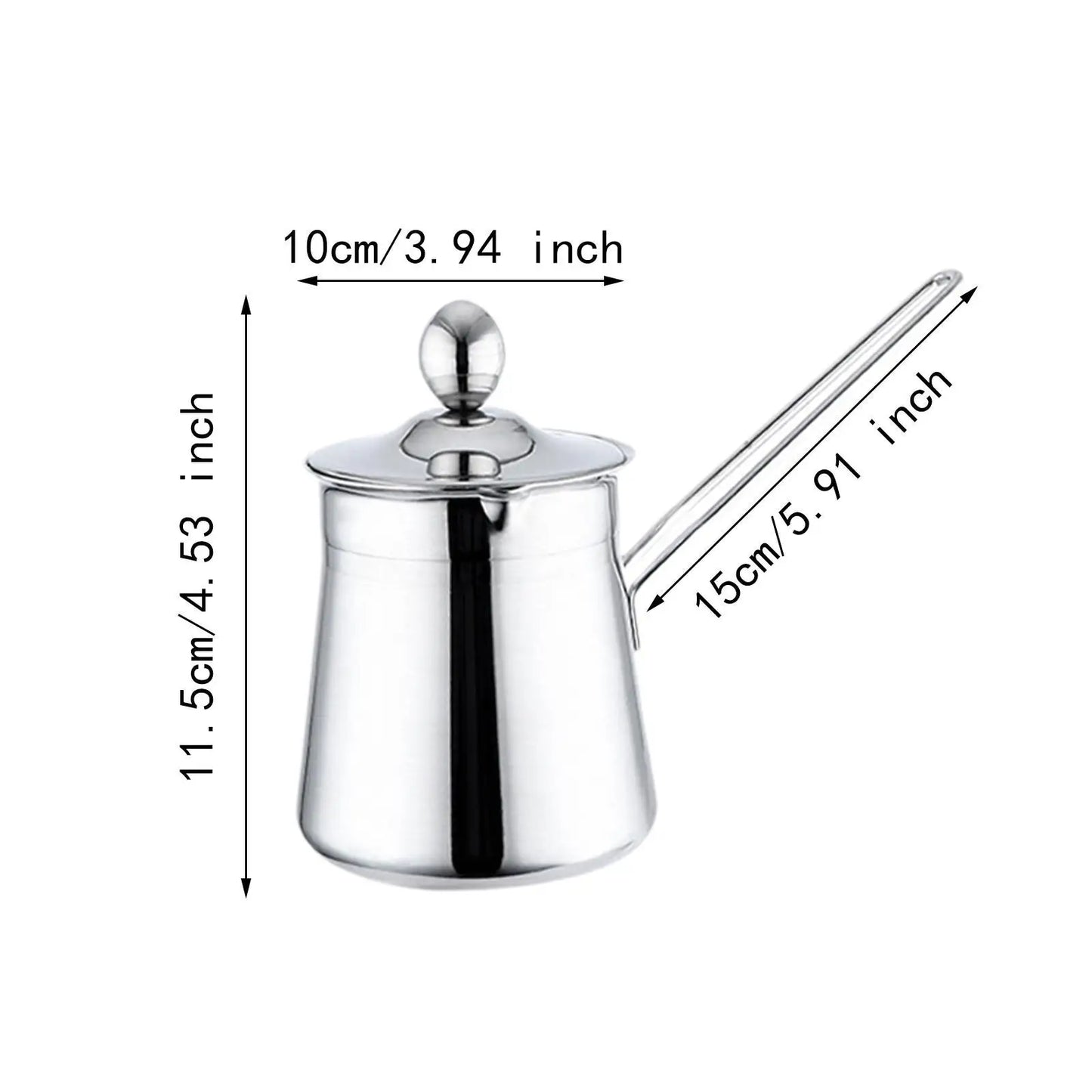 Stainless steel Turkish coffee maker with dimensions labeled on a white background