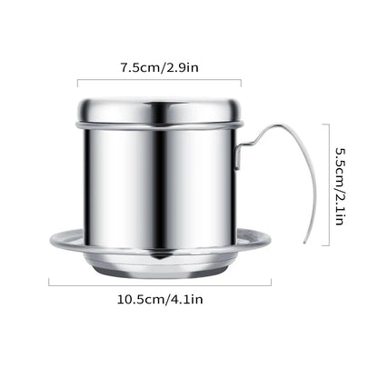 Stainless steel Vietnamese coffee maker with handle and saucer, dimensions displayed
