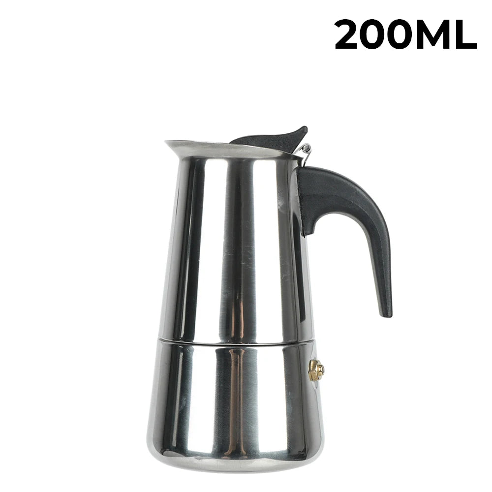 Stainless steel coffee maker with black handle on a white background, labeled '200ML'.