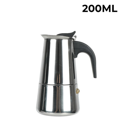 Stainless steel coffee maker with black handle on a white background, labeled '200ML'.