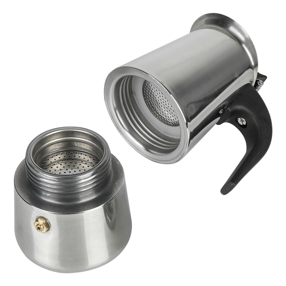 Stainless steel coffee maker with open lid on a white background