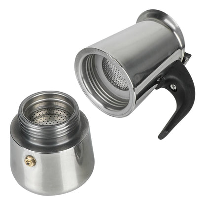 Stainless steel coffee maker with open lid on a white background