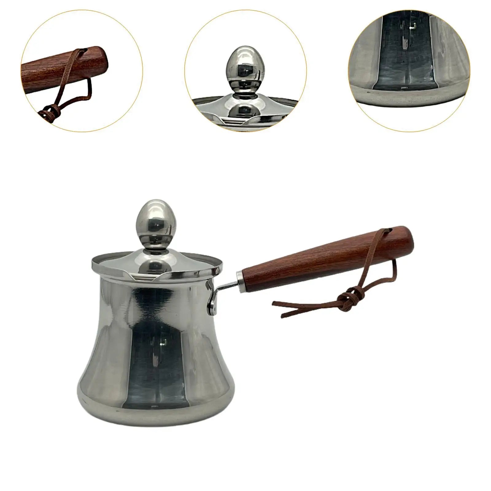 Stainless steel coffee pot with wooden handle on a white background