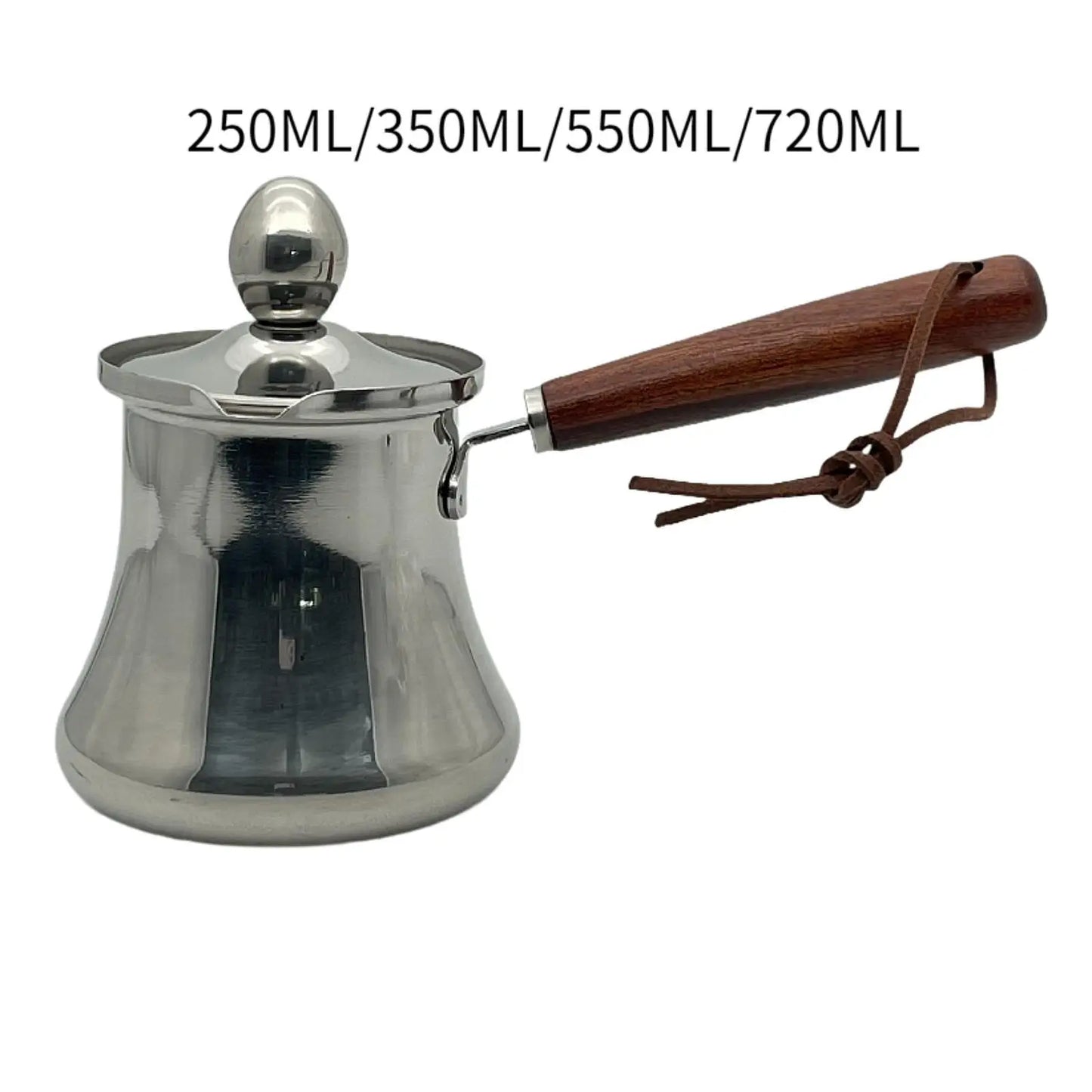 Stainless steel coffee pot with wooden handle and capacity indicators on a white background