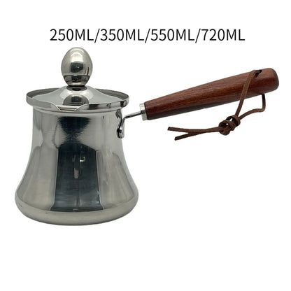 Stainless steel coffee pot with wooden handle and capacity indicators on a white background