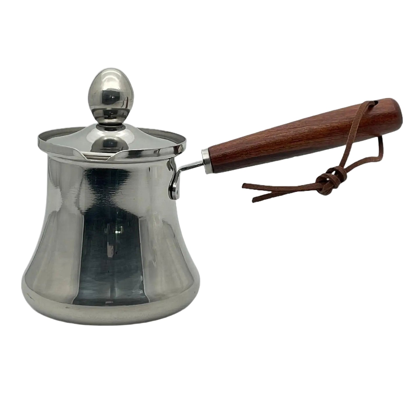 Stainless steel coffee pot with wooden handle on a white background