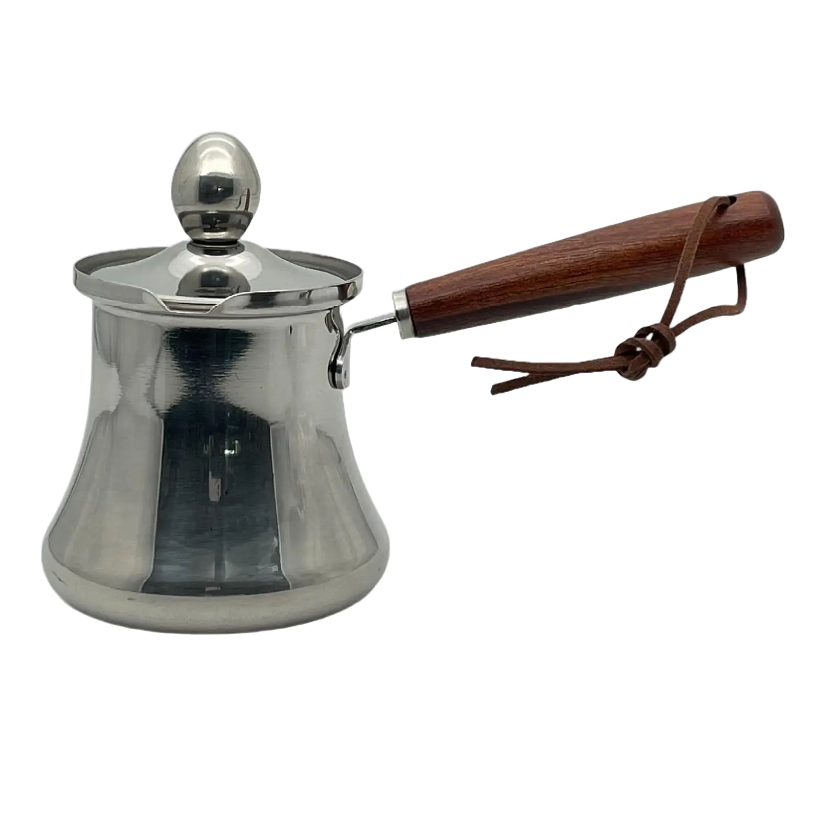 Stainless steel coffee pot with wooden handle on a white background