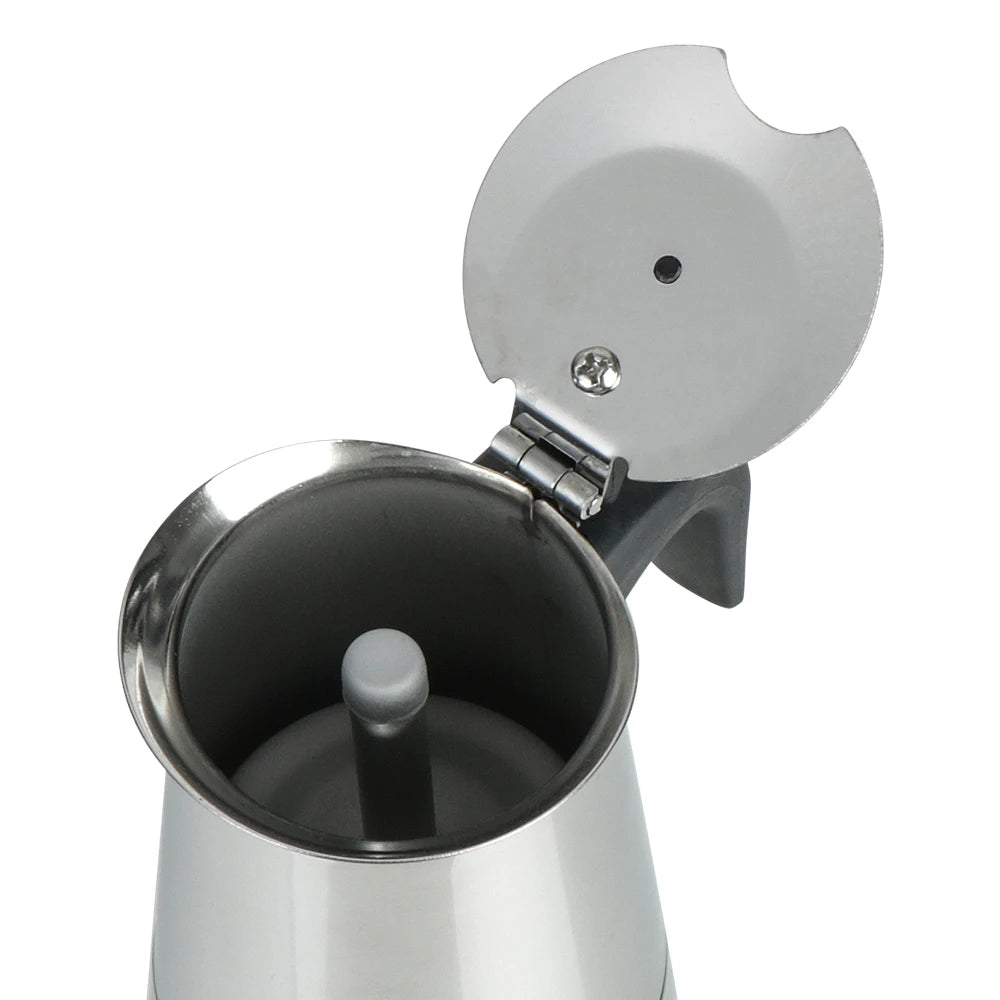 Stainless steel coffee press with open lid on a white background