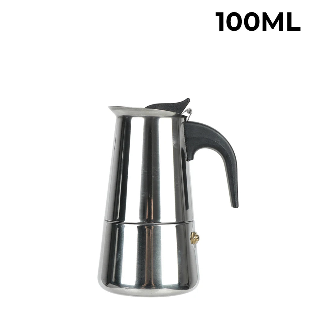 Stainless steel espresso maker with black handle on a white background, labeled '100ML'.