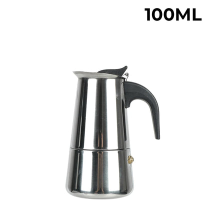 Stainless steel espresso maker with black handle on a white background, labeled '100ML'.