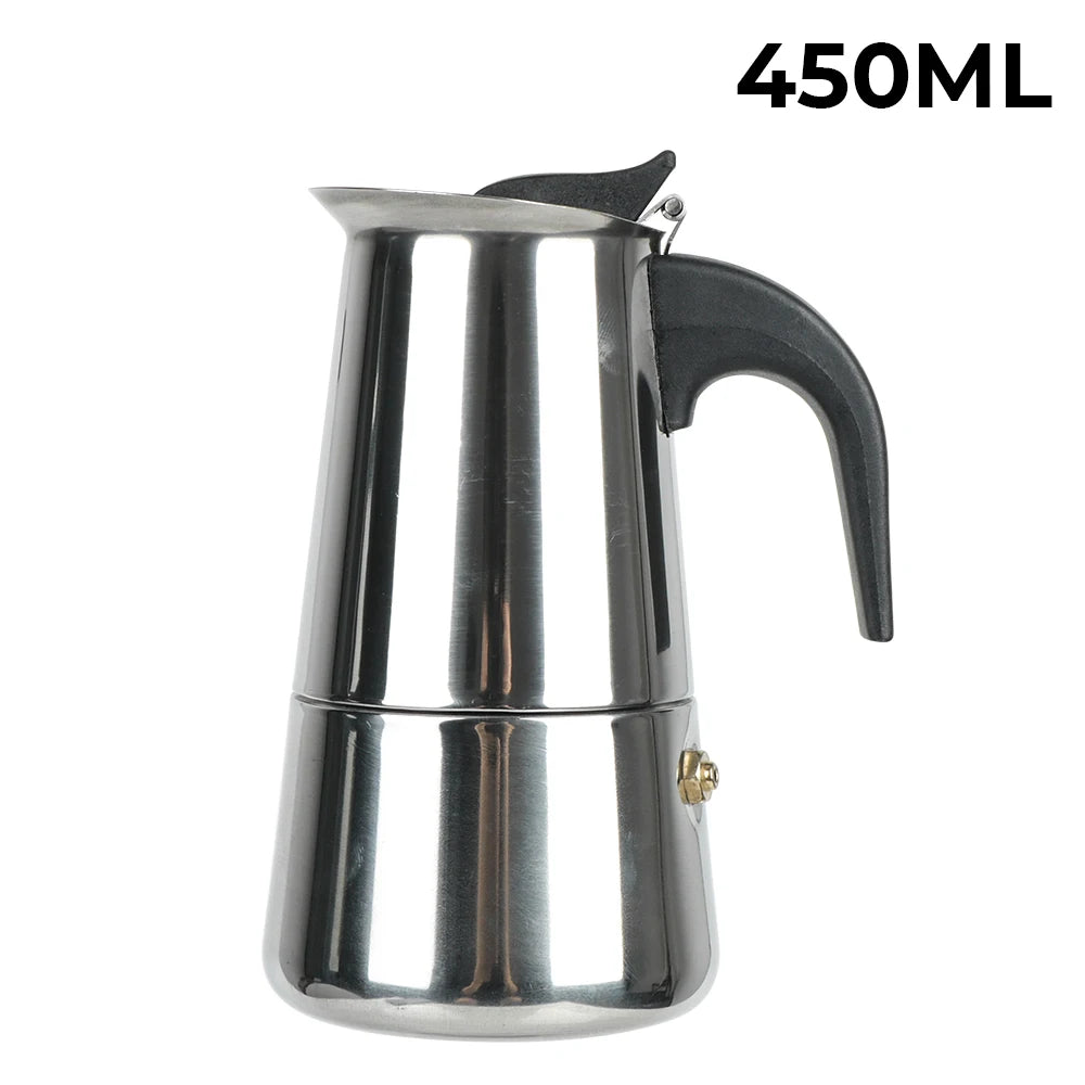 Stainless steel espresso maker with black handle on a white background, labeled '450ML'.