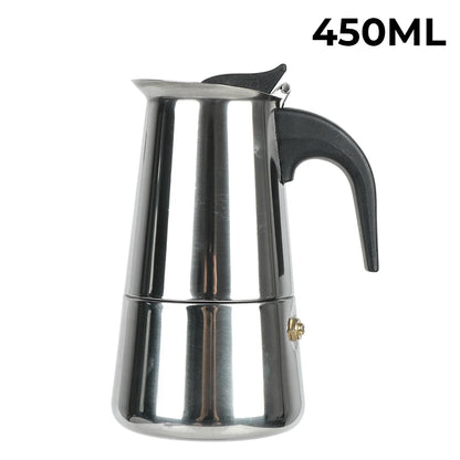 Stainless steel espresso maker with black handle on a white background, labeled '450ML'.