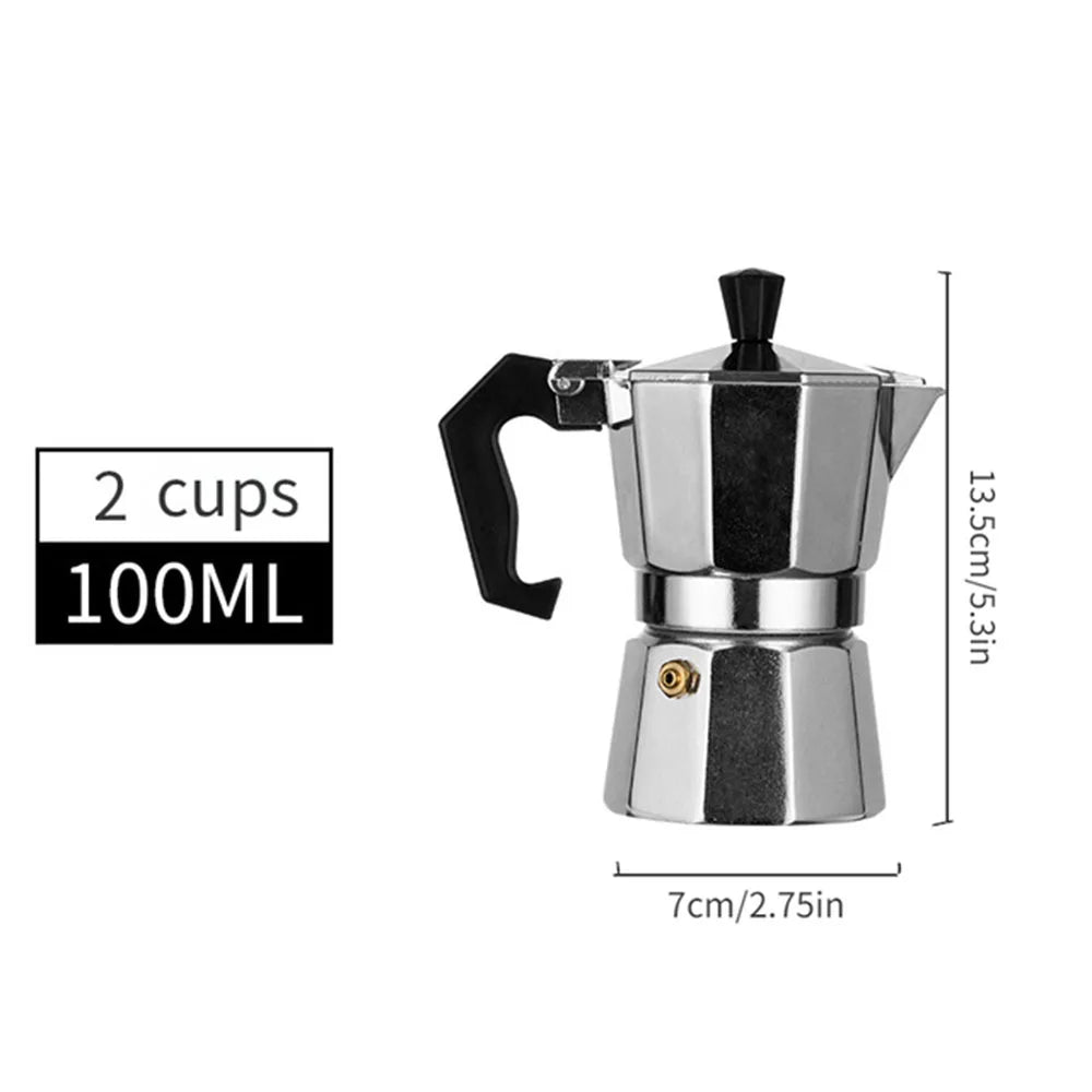 Stainless steel espresso maker with dimensions and capacity details on a white background