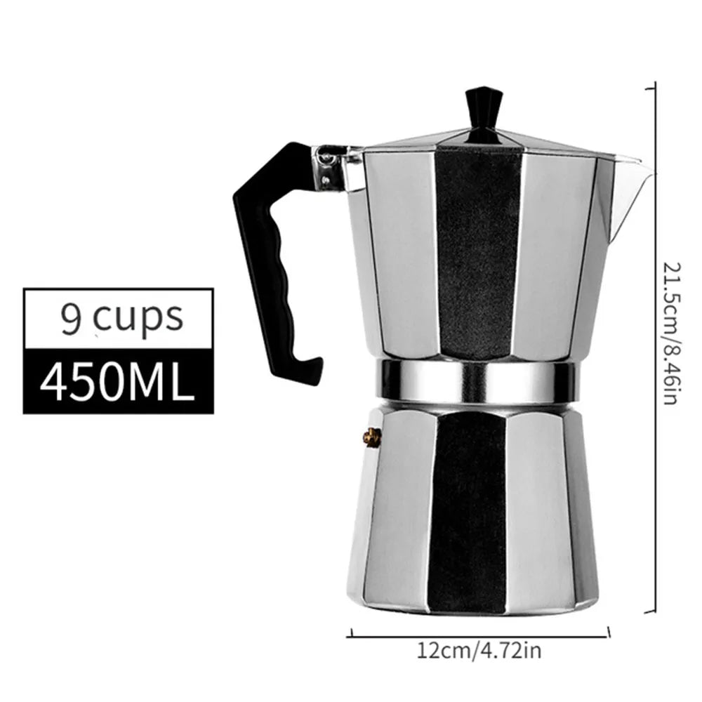 Stainless steel espresso maker with dimensions and capacity details on a white background
