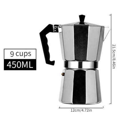 Stainless steel espresso maker with dimensions and capacity details on a white background